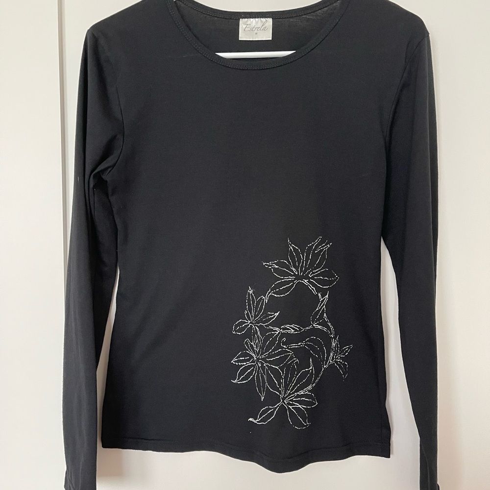 Elegant Black Long Sleeve Top with Silver Embroidery